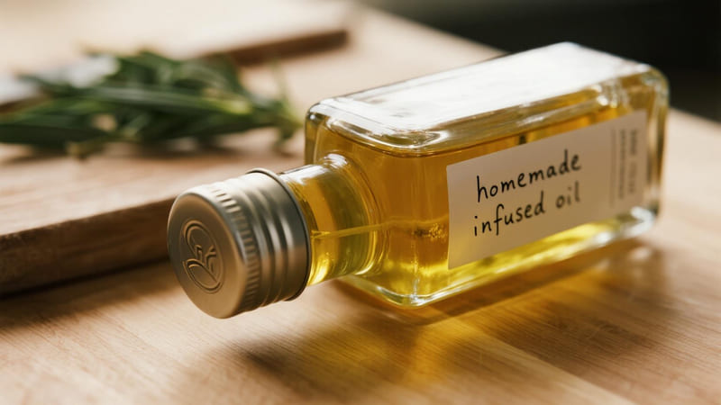 A jar of homemade infused oil with a warning sign for bacteria