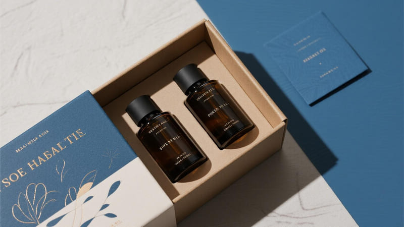 ideal packaging system for essential oils: dark glass bottle inside a custom box