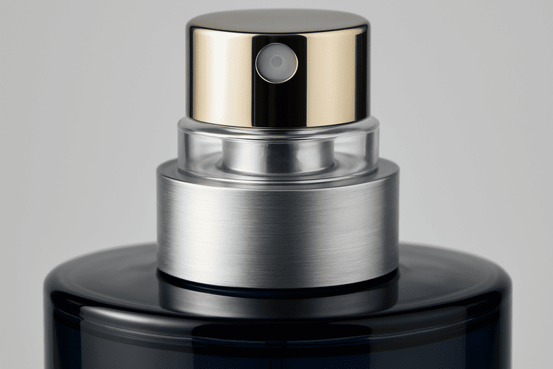 close-up of a perfume bottle's top, showing the different materials of the cap, actuator, and collar