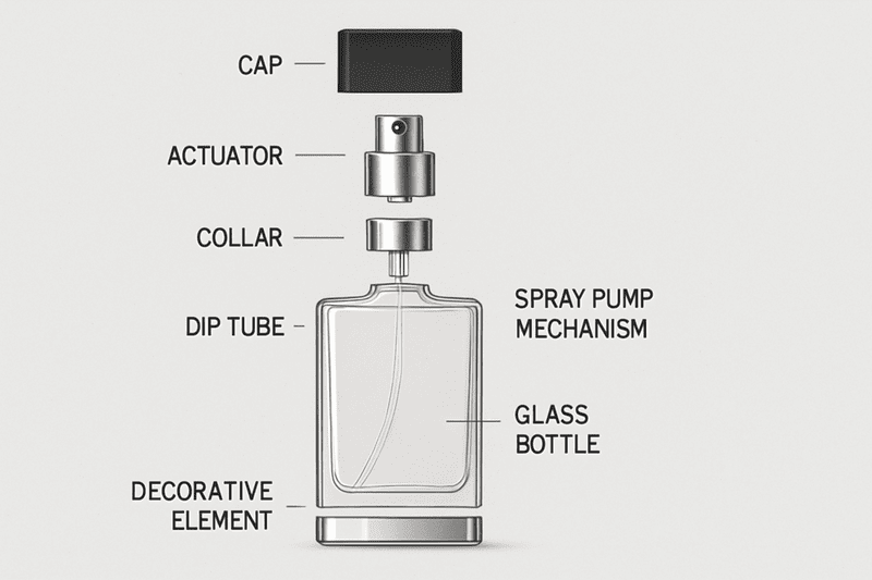 exploded view of a modern perfume bottle showing its different material components