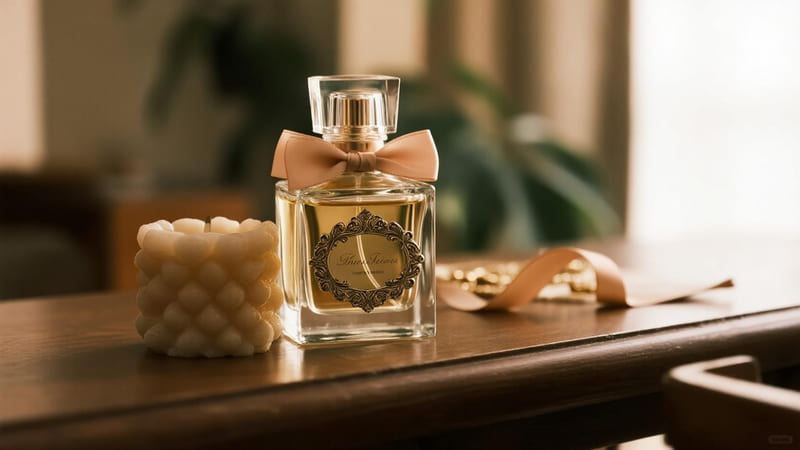 perfume bottle with decorative ancillary parts like a collar and a ribbon