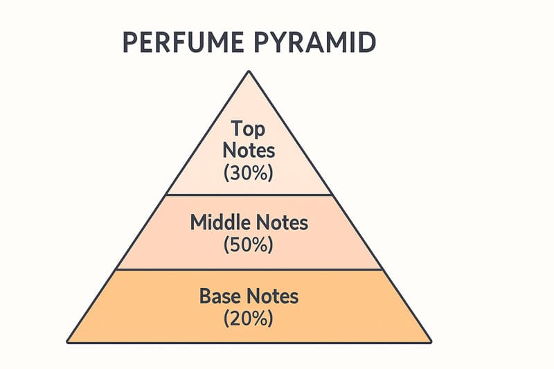 a perfume pyramid diagram illustrating the 30/50/20 rule