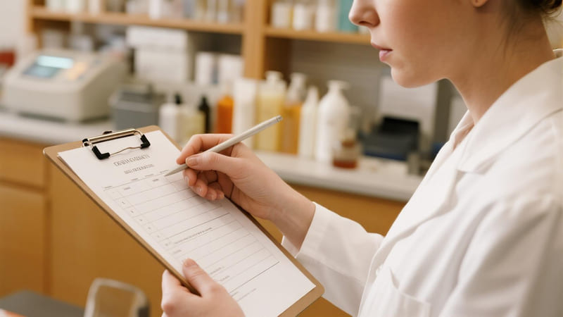 person auditing cosmetic packaging with a checklist