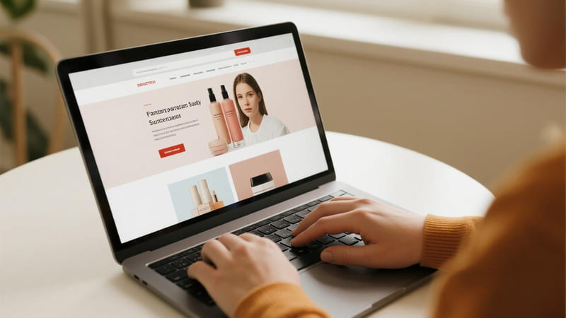 person carefully analyzing a cosmetic packaging supplier's website on a laptop