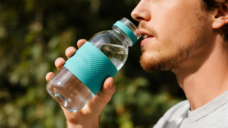 person drinking from a reusable glass water bottle with a silicone sleeve