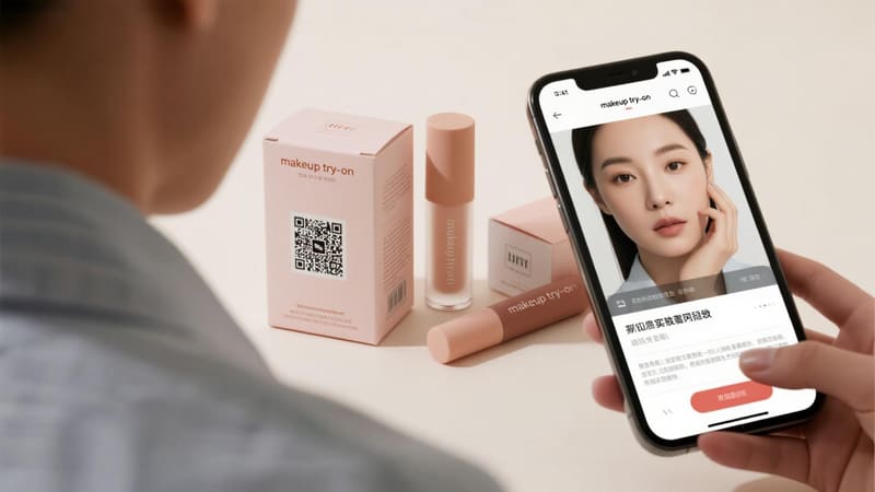 person scanning a QR code on a cosmetic box with their phone