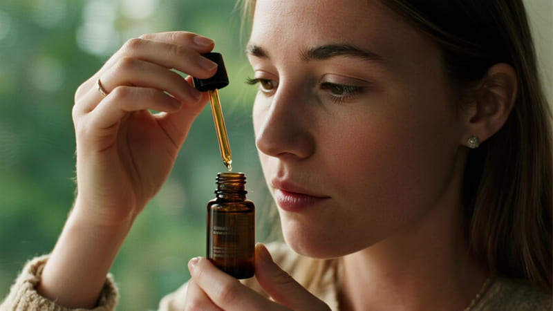 person smelling an essential oil bottle with a questionable look