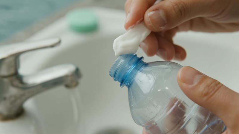 plastic bottle component being cleaned with a baking soda paste