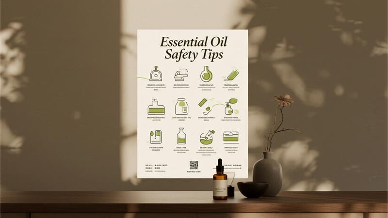 safety tips for essential oil handling illustrated with icons