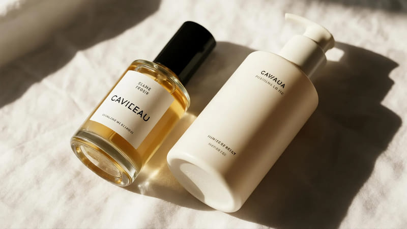 side-by-side comparison of a product in a glass bottle vs. a plastic bottle
