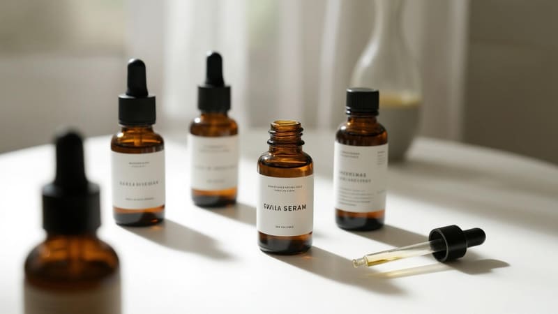 skincare serums in glass dropper bottles