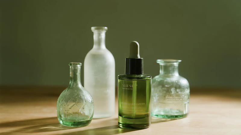 various glass skincare bottles being recycled and repurposed