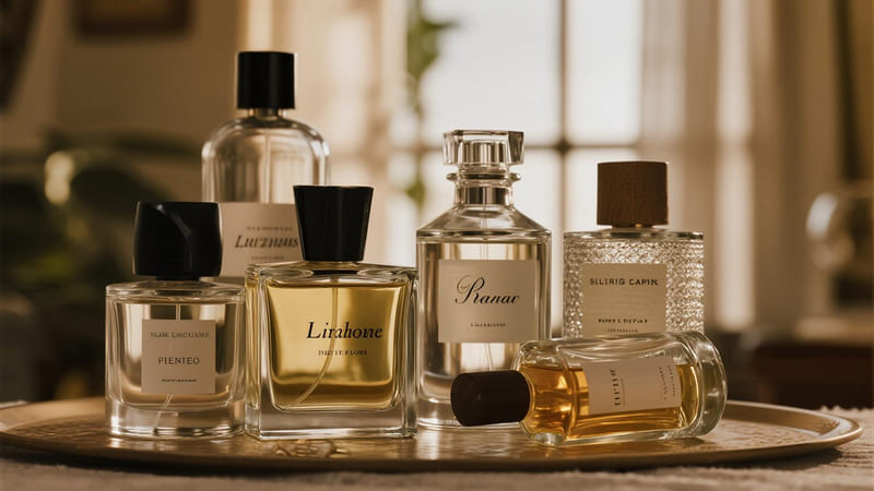 various repurposed empty perfume bottles in a home setting