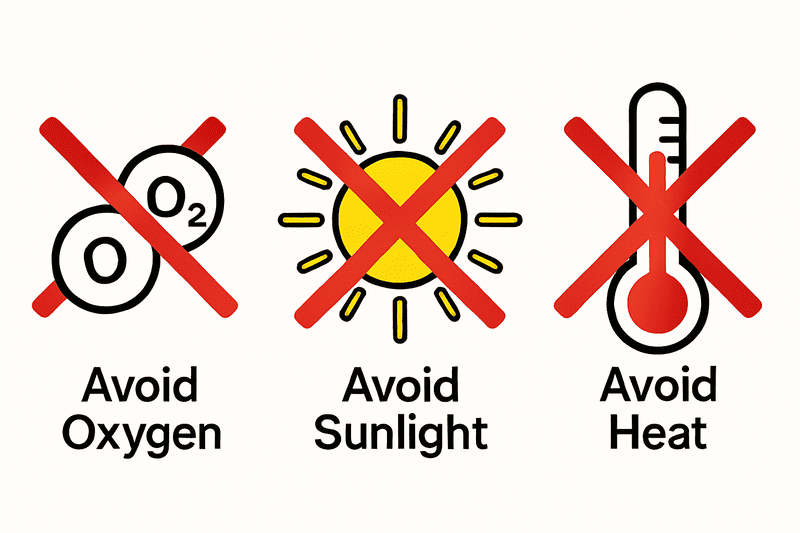 icons representing the enemies of essential oils: Oxygen, Light, Heat
