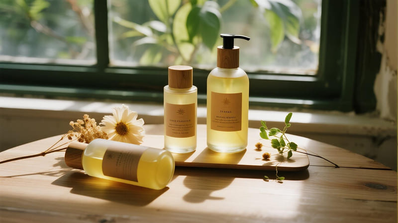 A beautiful display of homemade body oil and lotion in elegant bottles
