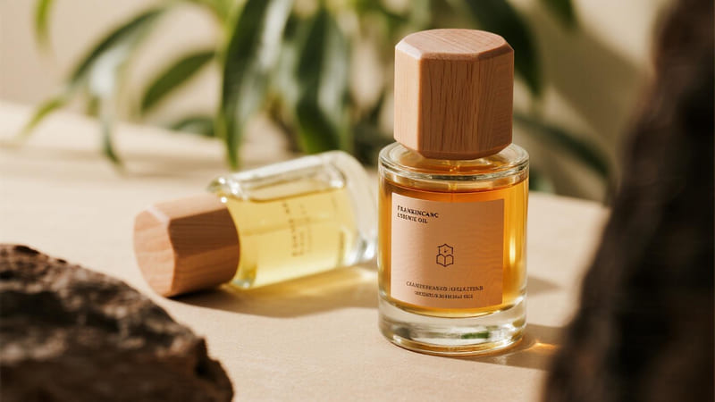 A bottle of frankincense essential oil next to a bottle of carrier oil
