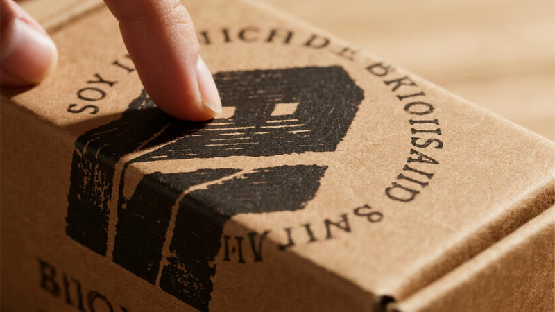 A close-up of a box showing the texture of soy-based ink on kraft paper