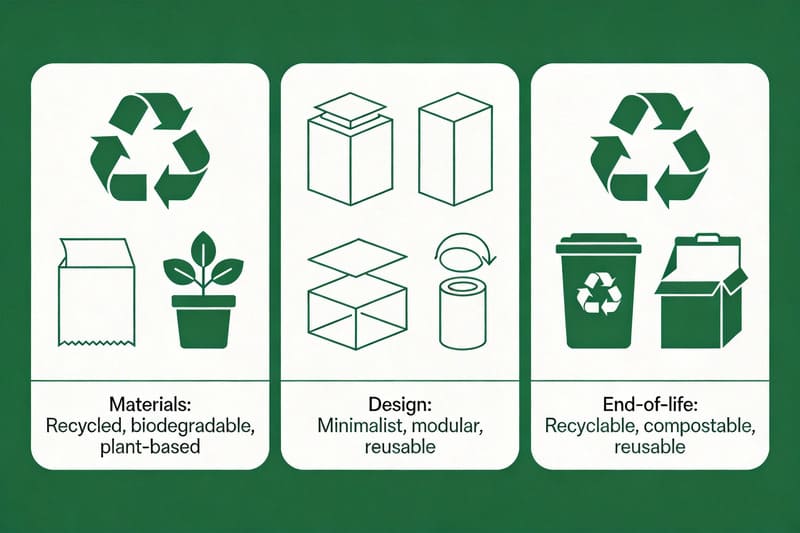Features of sustainable packaging A diagram showing the key features of sustainable packaging: materials, design, and end-of-life