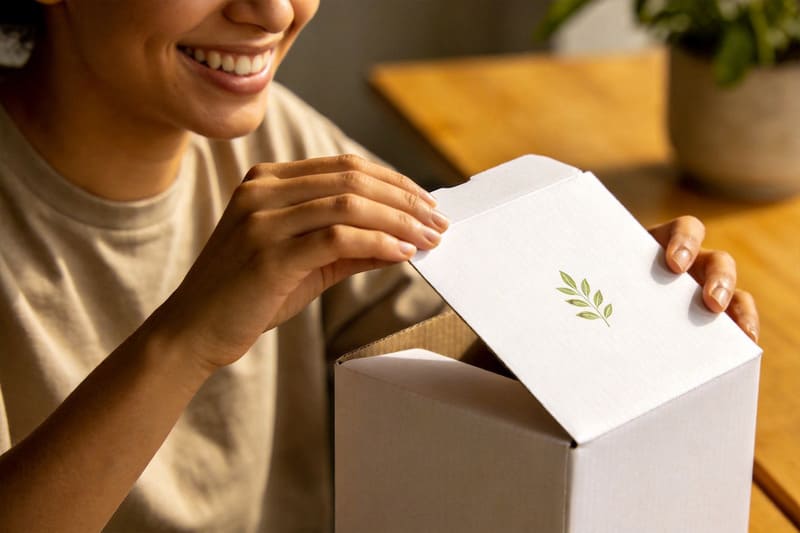Customer loyalty and sustainable packaging A happy customer smiling as they unbox a product with minimalist, eco-friendly packaging