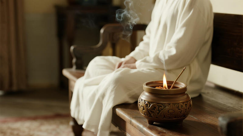 A person looking calm and relaxed, with a frankincense resin burner nearby