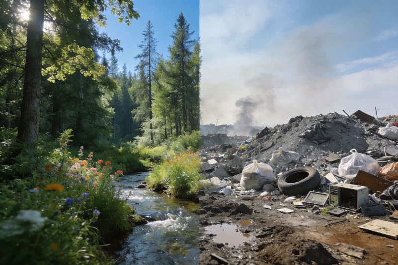 Environmental impact of packaging choices A split image showing a pristine forest on one side and a landfill on the other