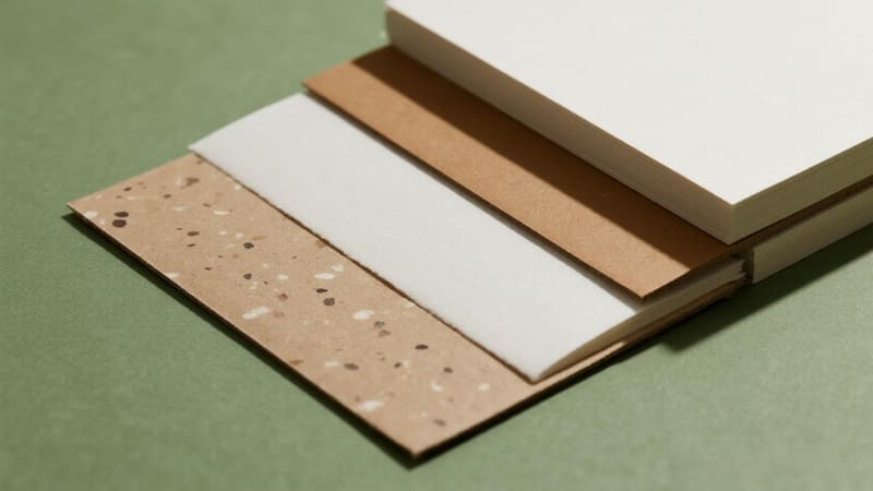 A swatch of different eco-friendly papers: FSC-certified white, brown kraft, and speckled PCR board