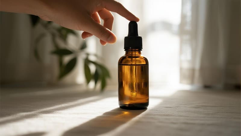 An amber glass bottle shielding an essential oil from sunlight