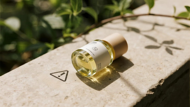 An essential oil bottle on a hot windowsill with a warning symbol