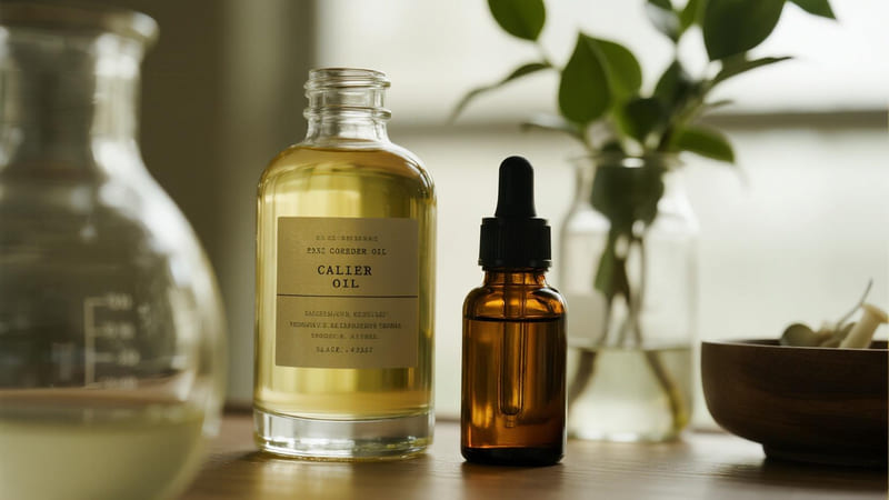 Carrier oils and essential oils being mixed in a glass beaker