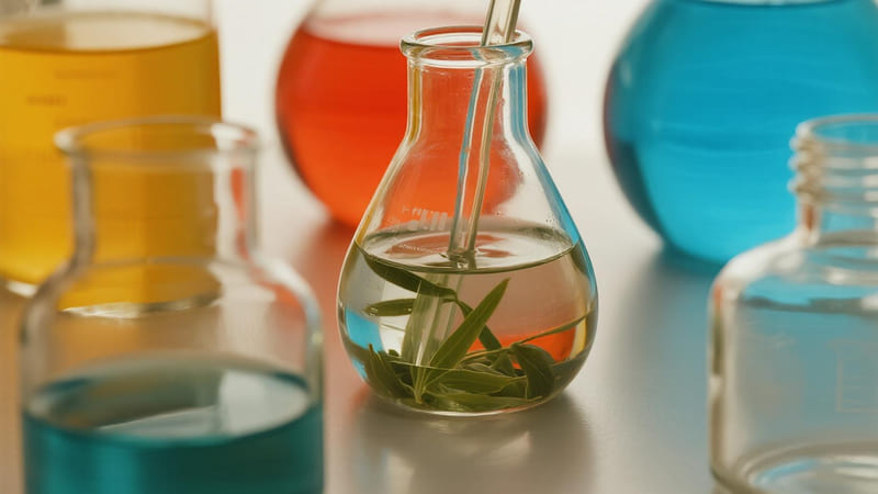 Laboratory glassware with solvents and plant matter