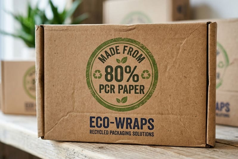 A close-up of a box showing a specific claim like "Made from 80% PCR paper"