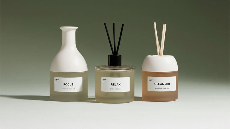 Three diffusers in a row, each with a label: Focus, Relax, and Clean Air