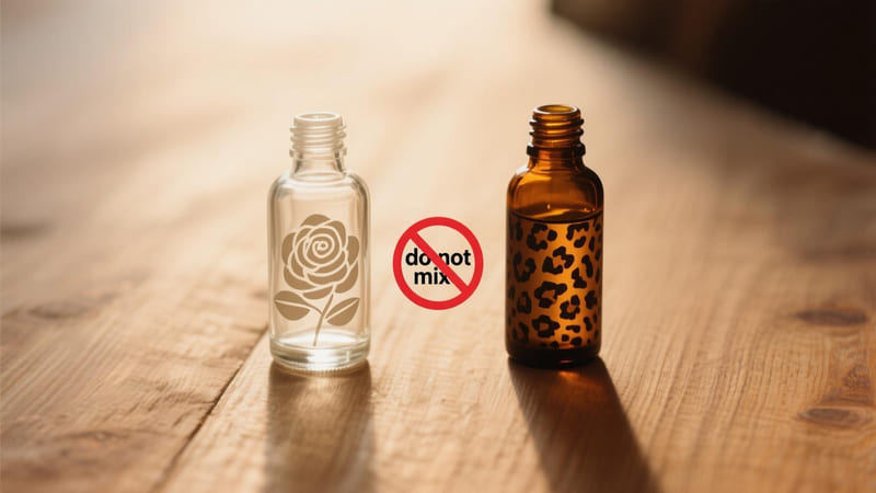 Two essential oil bottles with a "do not mix" symbol between them