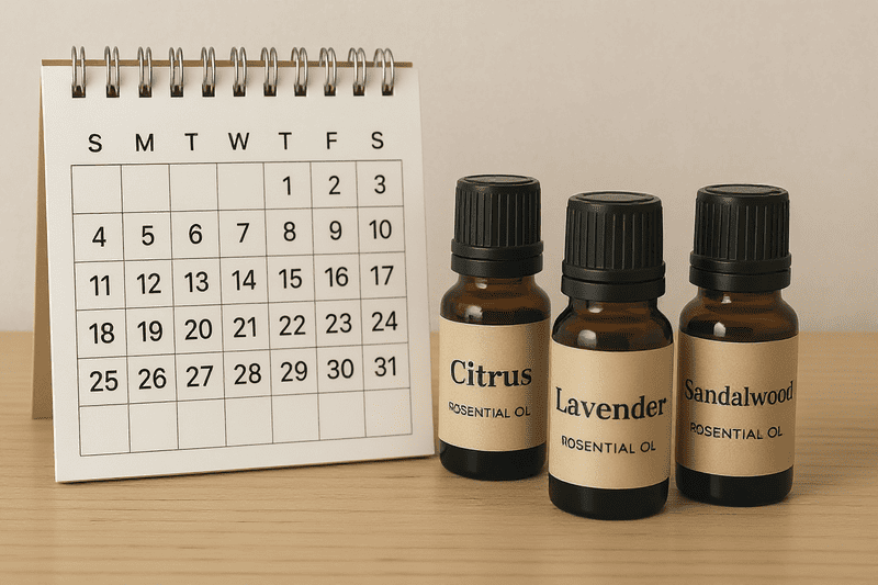 A calendar next to bottles of citrus, lavender, and sandalwood oils
