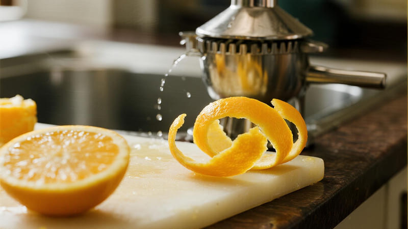 An image of citrus peels being pressed, with a red X over lavender flowers