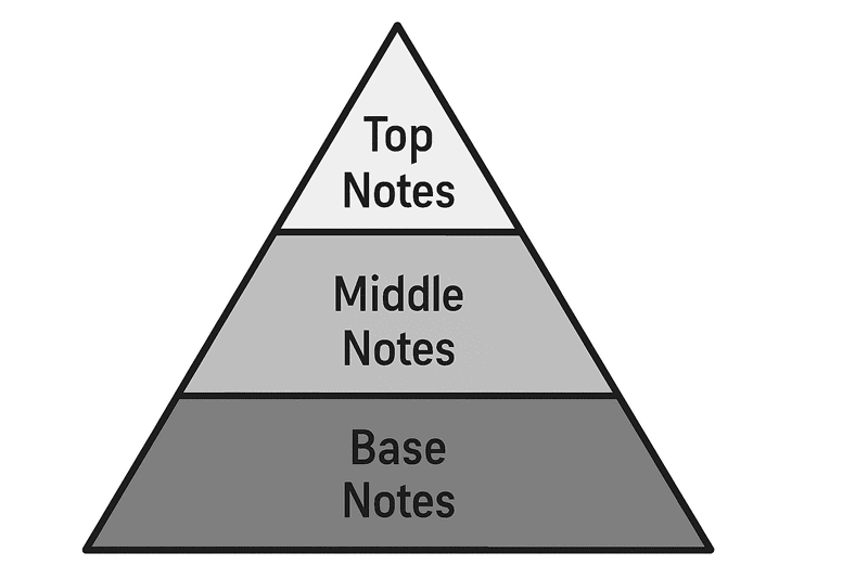 A pyramid diagram showing the three levels: top, middle, and base notes