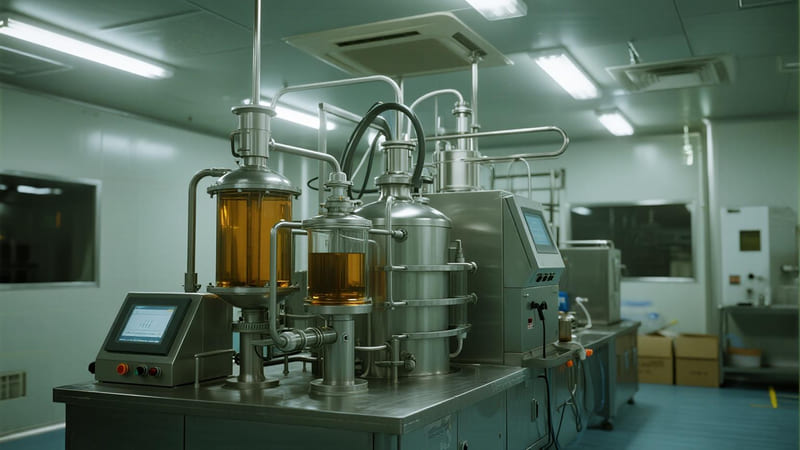 A modern, stainless steel CO2 extraction machine in a clean facility