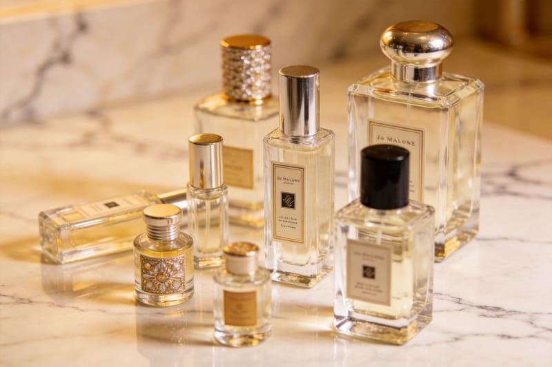 Choosing the Right Perfume Bottle Size A collection of different sized perfume bottles arranged artfully on a marble surface.